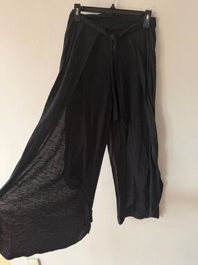 Black Wide-Leg Flowing Pants with Wrap Panels